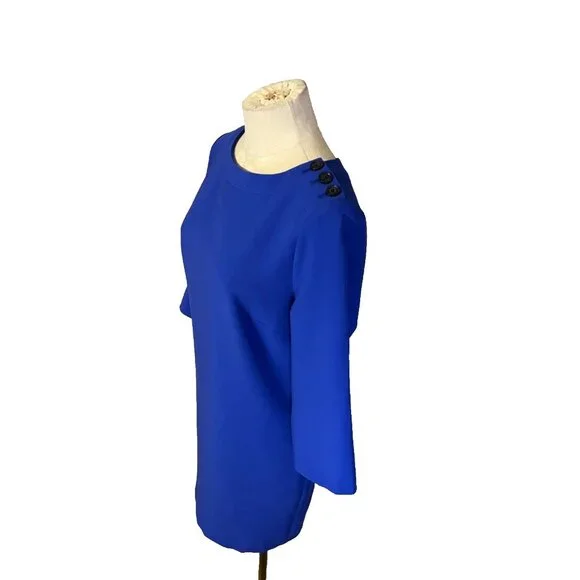 Banana Republic Dress 10 Blue 3/4 Long Button Shoulder Stretch Sleeve Sheath - Picture 3 of 7